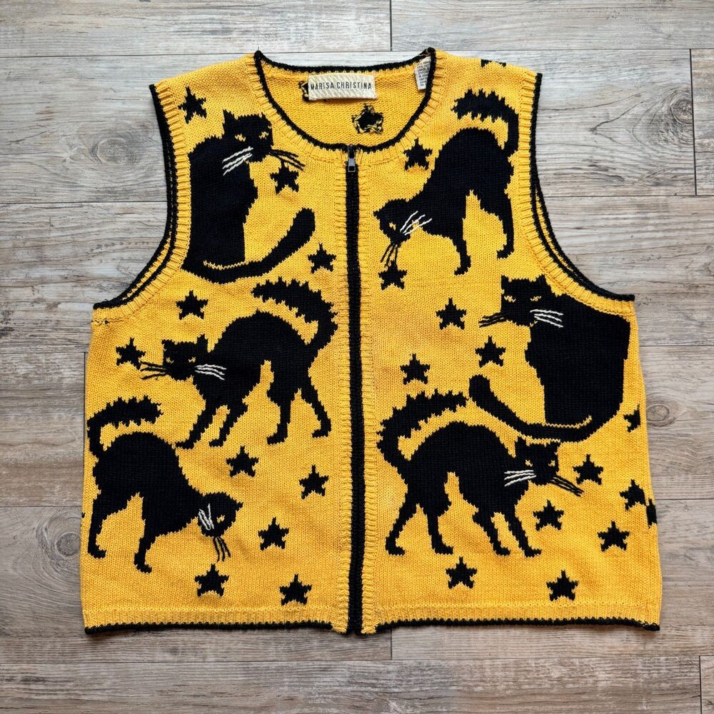 Vintage Halloween Sweater Vest Marisa Christina Yellow Cat Star Zip Novelty Lrg